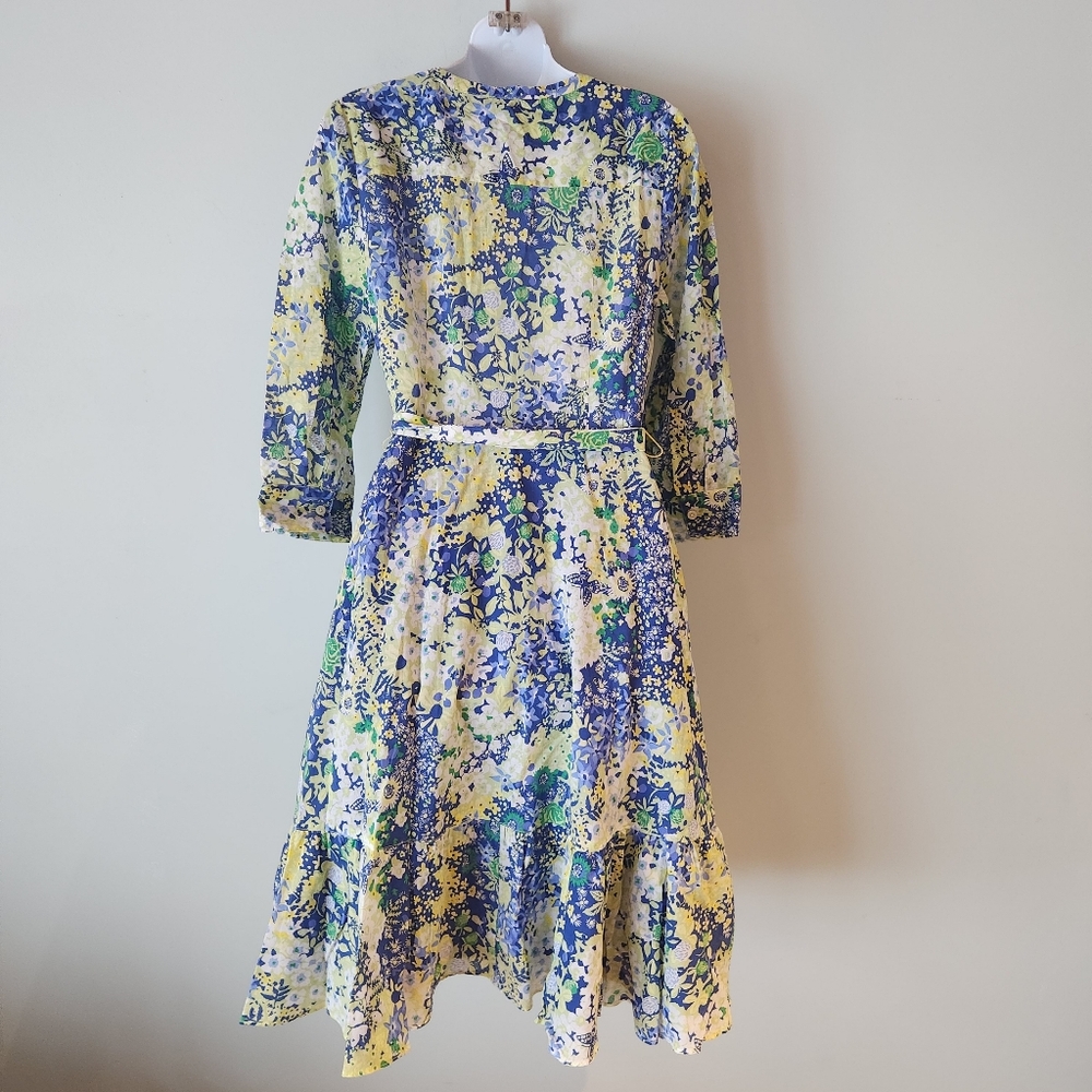 Floral Blue and Yellow Midi Dress with Tie Waist - Picture 8 of 10